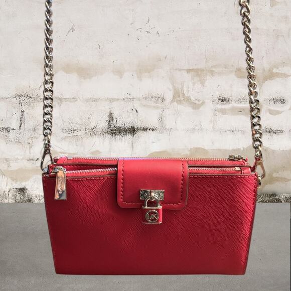 MICHAEL KORS Ruby Small Double-Zip Saffiano Leather Crossbody Bag in Pink - Picture 1 of 13